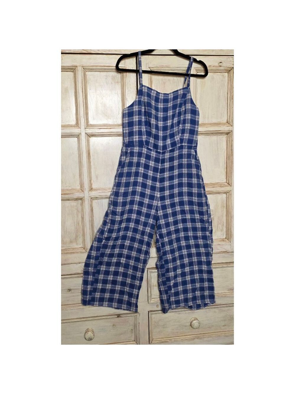 Women's Old Navy Blue White Plaid Cropped Square Neck Jumpsiit size M - Picture 2 of 10